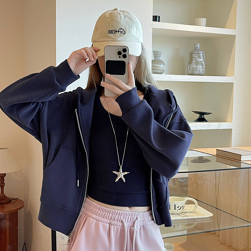 藏青色拉链连帽卫衣女春秋季小个子韩版宽松显瘦休闲外套百搭上衣|undefined