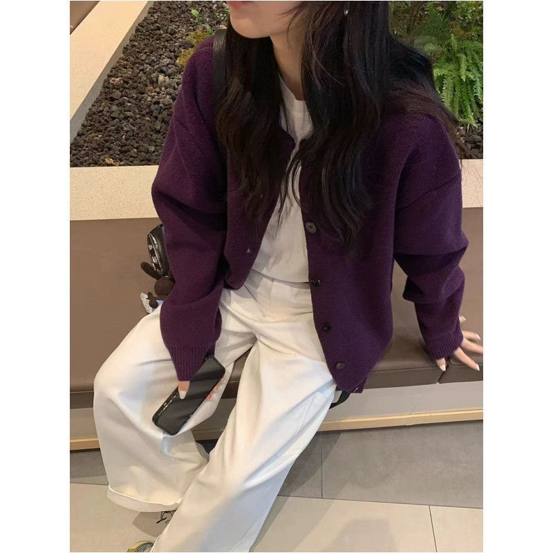 韩系慵懒风紫色开衫毛衣女外套秋冬季新款宽松软糯感上衣针织衫|undefined