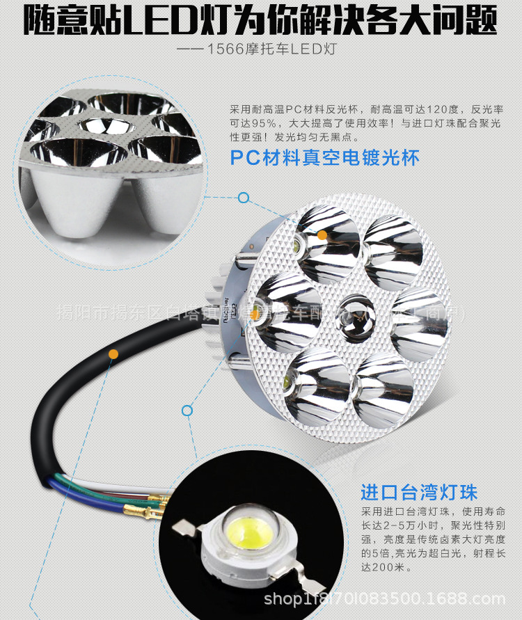 Electric scooter high/low beam front headlight, built-in electric vehicle LED light, super bright LED spotlight for scooters 12-85