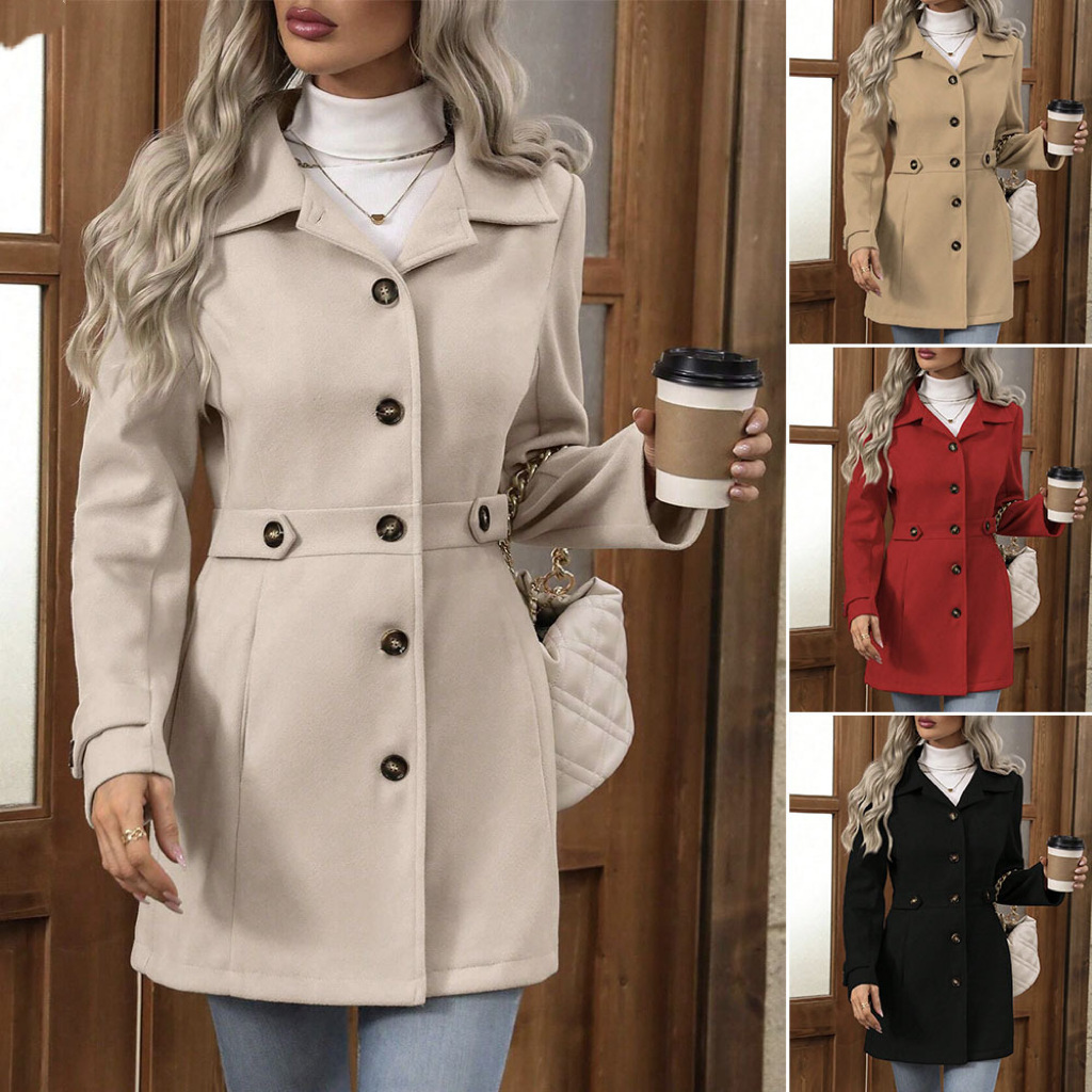 Cross-Border European and American 2025 Autumn and Winter New Foreign Trade Women's Fashion Lapel Button Solid Color Elegant Ladies' Wool Coat