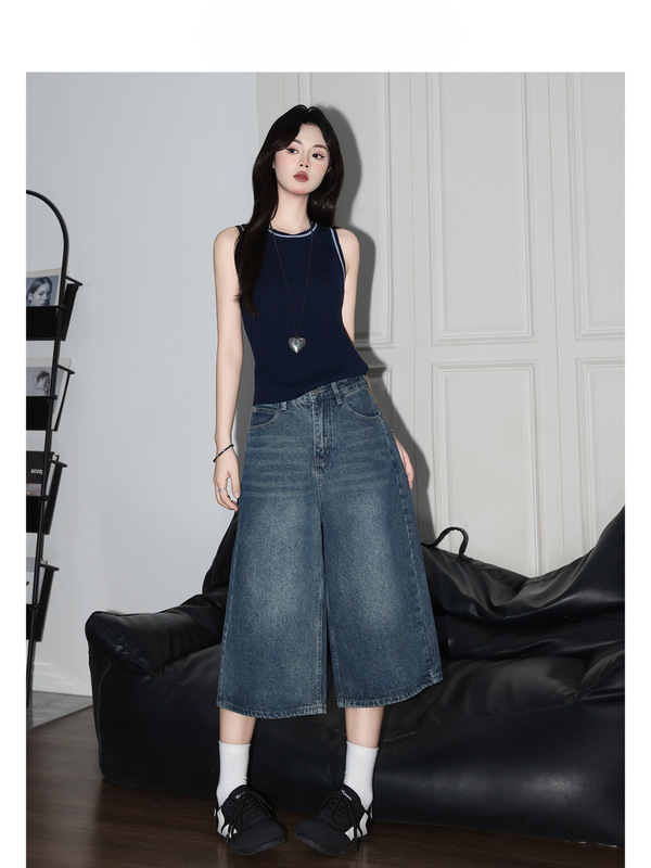 Vintage Blue High-Waisted Wide-Leg Cropped Jeans for Women, American Style Versatile Loose Drape Straight Mid-Length Pants Vintage Blue High-Waisted Wide-Leg Cropped Jeans for Women, American Style Versatile Loose Drape Straight Mid-Length Pants