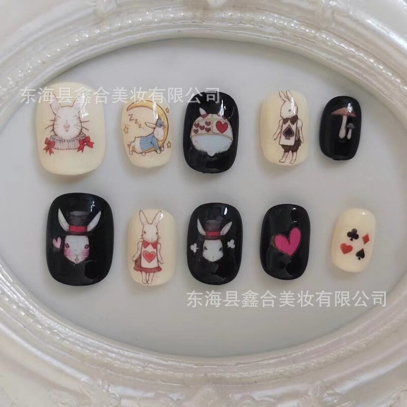 Pure hand-worn nail finished product Alice in Wonderland short fake manicure finished nail sticker pattern random