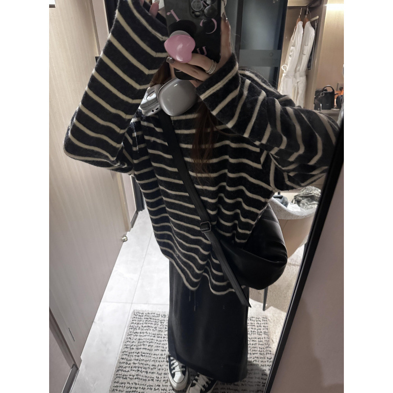 T恤长袖打底衫上衣宽松针织衫女撞色日系条纹毛呢显瘦冬感设计厚