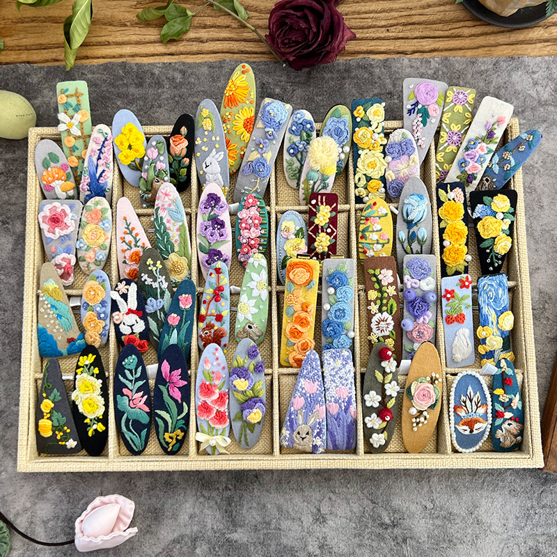 Lu bordado lindo gato perla coreano pinzas de pelo hechas a mano diy bordado creativo para chicas rotas flores pinzas de pelo lateral