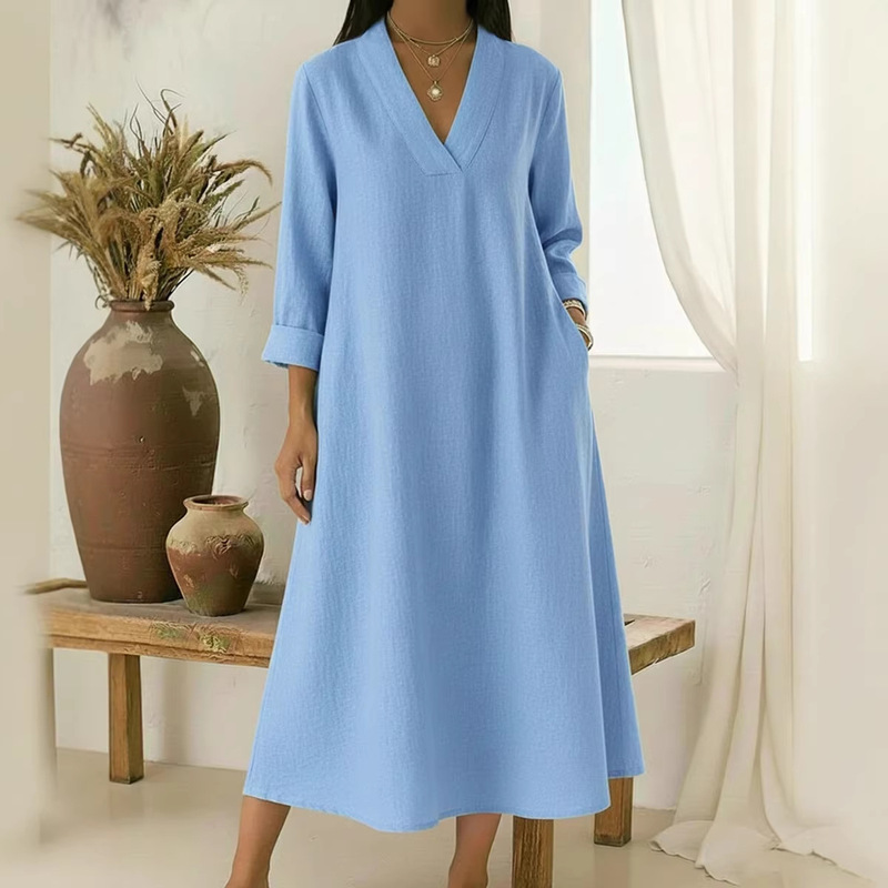 Cross-Border 2026 European and American Spring New Casual V-Neck Cotton and Linen Long-Sleeve A-Line Dress Simple Loose Long Dress