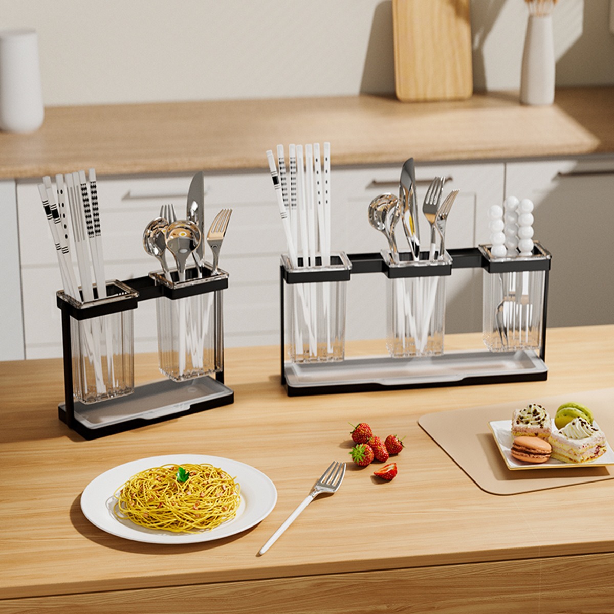 Caja de almacenamiento de palillos de mesa de estante de cocina, palillos de taza simple y doble de lujo ligero, palillos de cocina para uso doméstico con palillos de drenaje