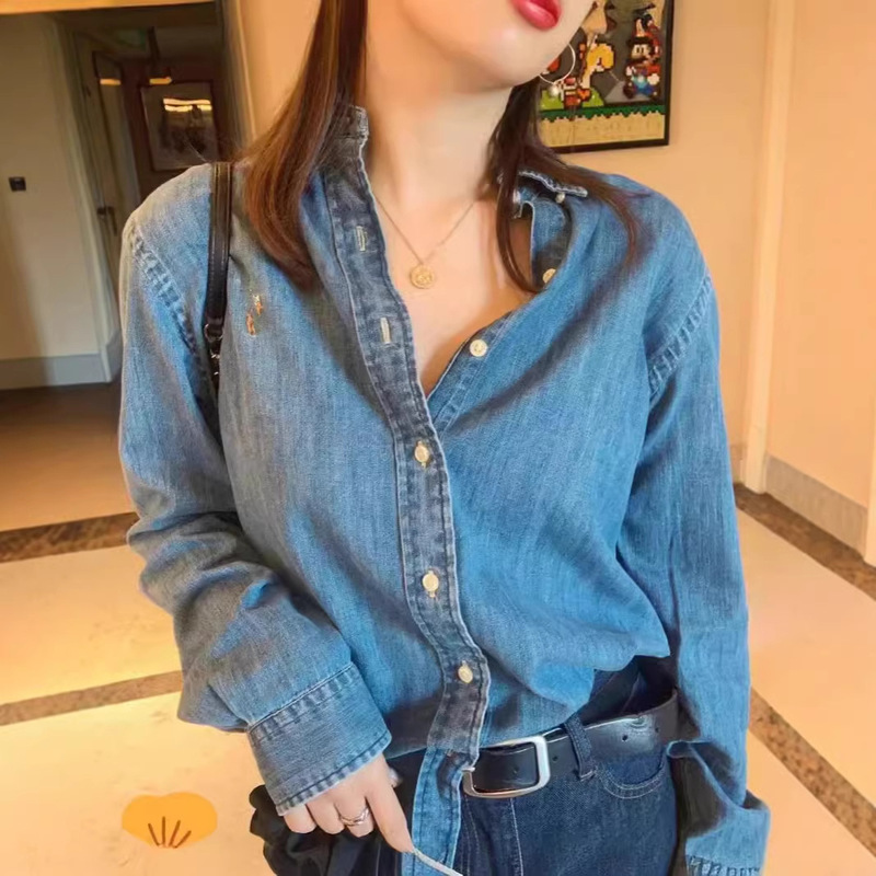RL Spot Can Scan the Qr Code Ruff Denim Shirt for Men and Women, Fashionable and Versatile Embroidered Pony Label polo Collar Shirt