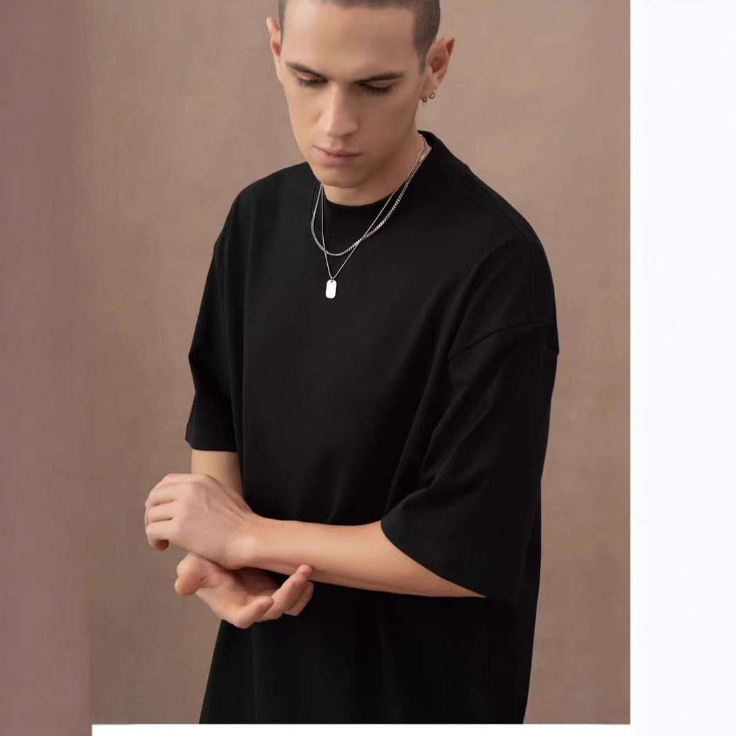 310g pesado cuello pequeño camiseta de cuello alto de manga corta europea y americana hombre de hombro caído casual pareja casual en la parte superior versátil