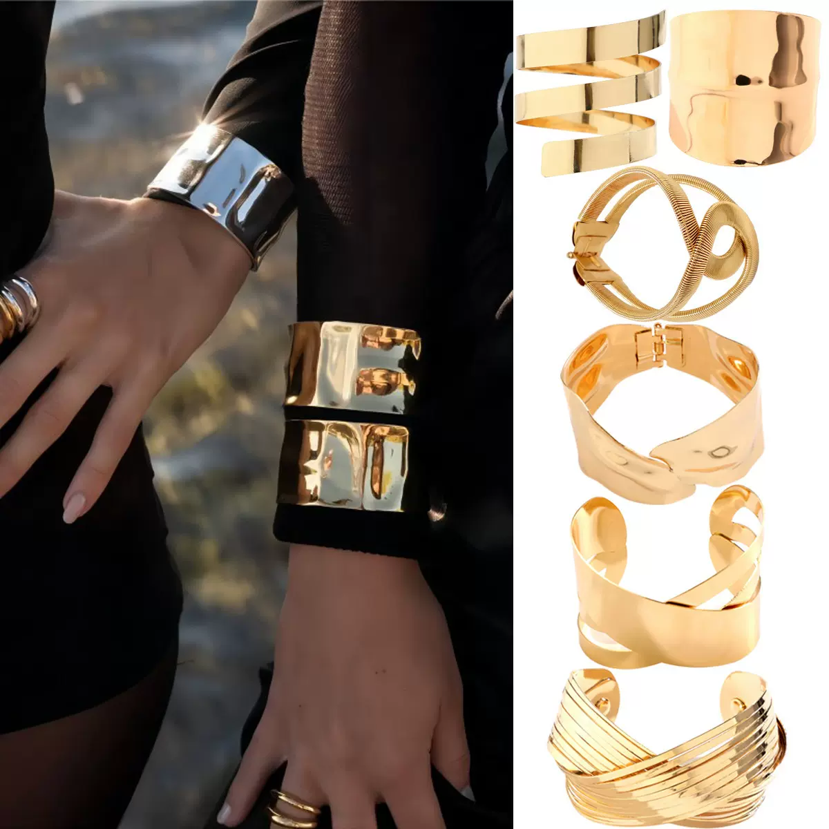 欧美跨境高级感简约天然光面开口手镯饰品复古镂空几何手饰女小众