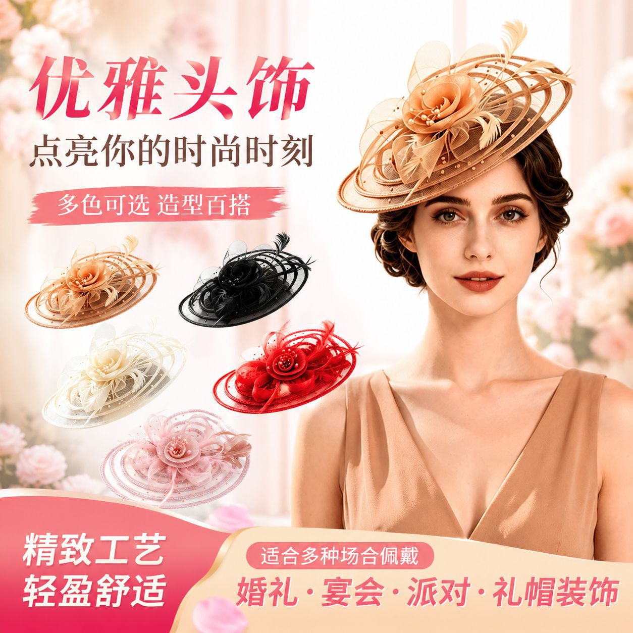 Cross-Border Mesh Flower Headpiece with Feather Hair Accessories, Horse Racing Festival Bridal Prom Hat, Wholesale Headpiece with Feathers, Vintage Style