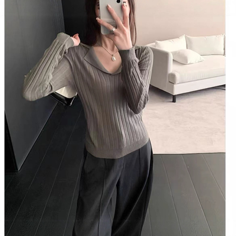 复古翻领长袖针织衫女秋季薄款修身显瘦Polo衫别致气质套头上衣潮|undefined