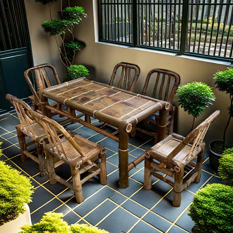 Chinese-Style Vintage Table Set for Courtyard Tea Brewing, Bamboo Table and Chairs, Dining Table, Coffee Table, Hot Pot Bamboo Weaving Table