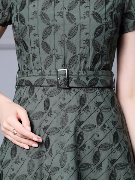 Zhili Summer One line Neck Dress, Light Mature Luxury and Elegant Charm Belt, Waistband, Leaf Embroidery, A-line Large S