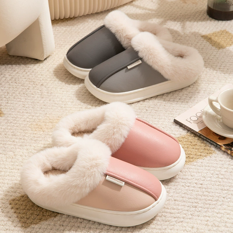 Домашние хлопковые тапочки, женские зимние домашние непромокаемые Нескользящие теплые толстые пушистые тапочки из искусственной кожи на флисовой подкладке, мужские Тапочки