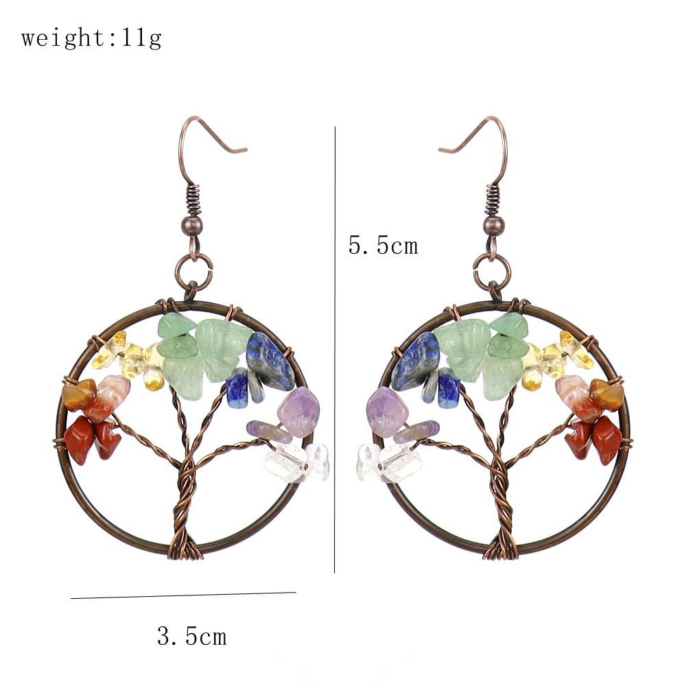 20g Weight Crystal Inlay Material Drop Earrings, Earrings Classification 1 Pair Retro Ethnic Style Pastoral Tree Life Tree Natural Stone Copper Crystal Women'S Drop Earrings Earrings