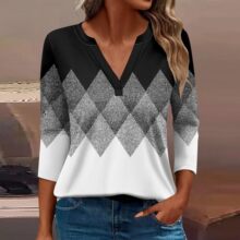 跨境2024年夏季女士长袖T恤时尚渐变拼色V领印花短袖上衣休闲女装