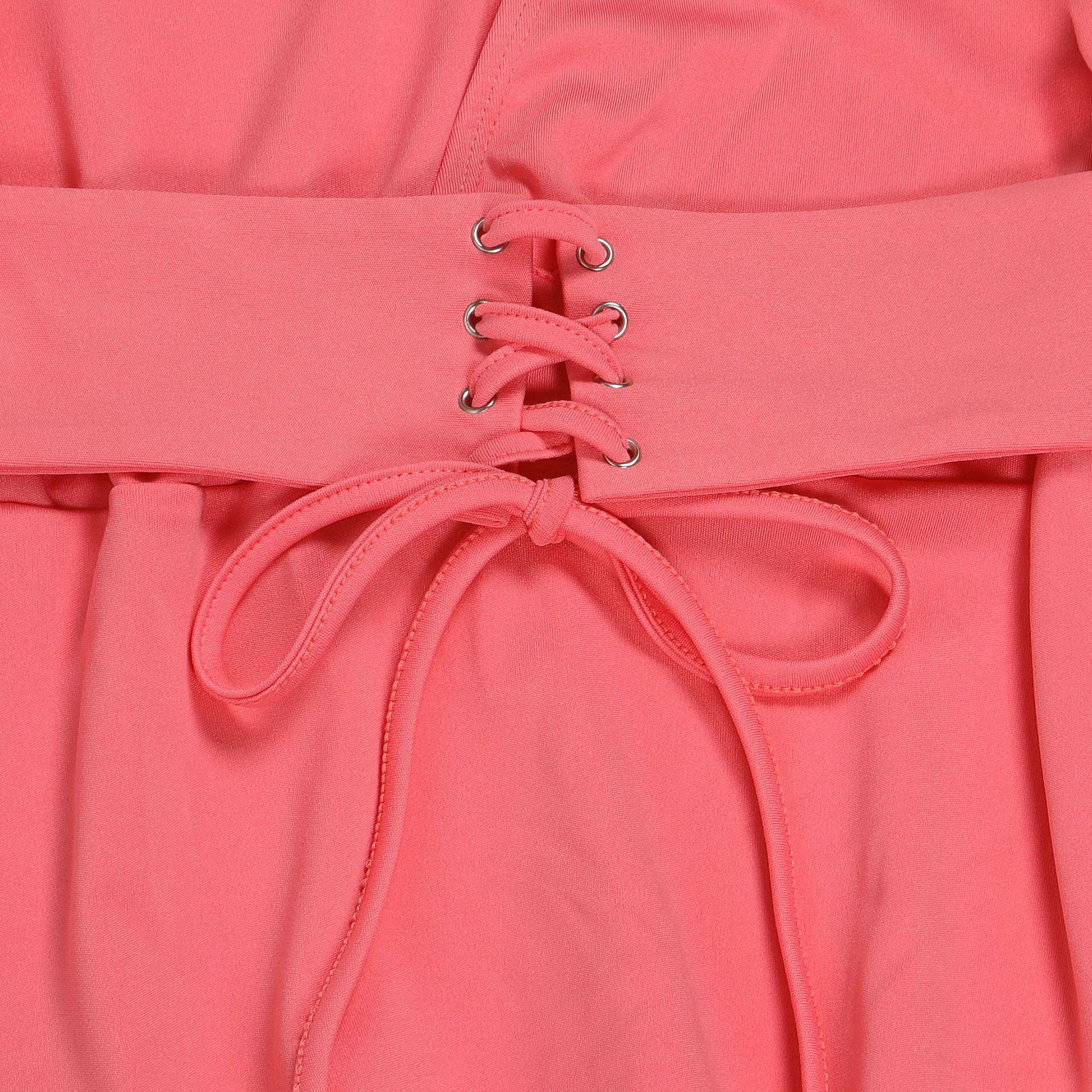 Conjunto de dos piezas de blusa y pantalón de manga larga con escote en V y cintura ajustada de color liso