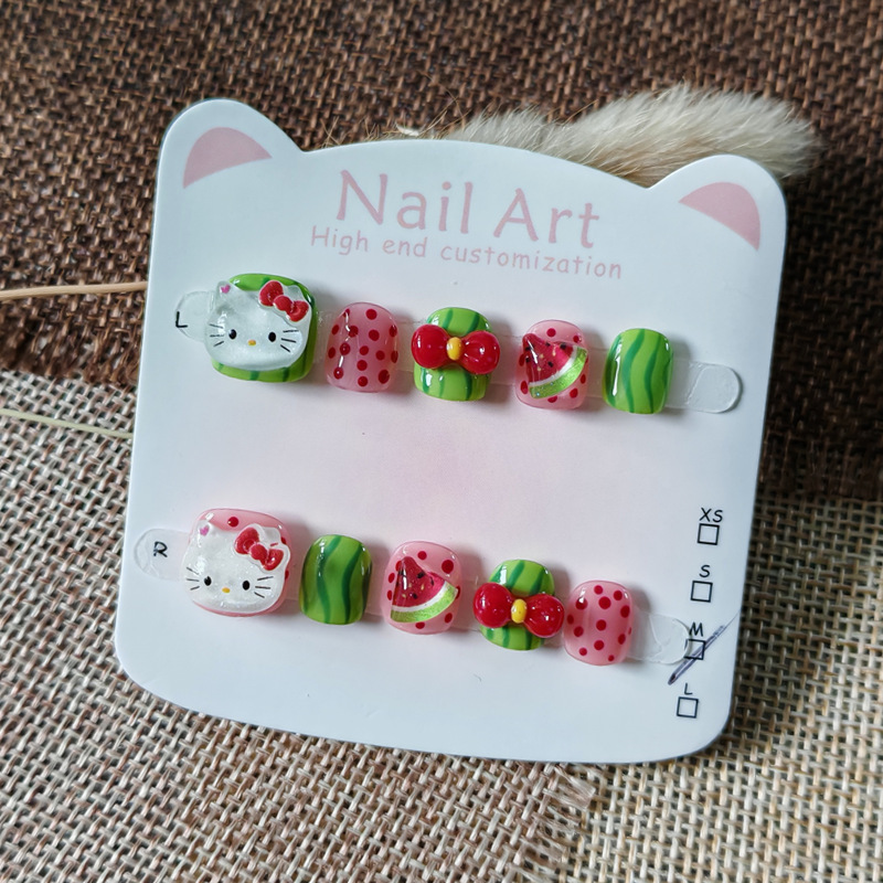 Cartoon Cute Hello Kitty Handmade Wearable Nails for Children Watermelon Nail Patch 3-6-10 Years Old Manicure Short Style Cartoon Cute Hello Kitty Handmade Wearable Nails for Children Watermelon Nail Patch 3-6-10 Years Old Manicure Short Style