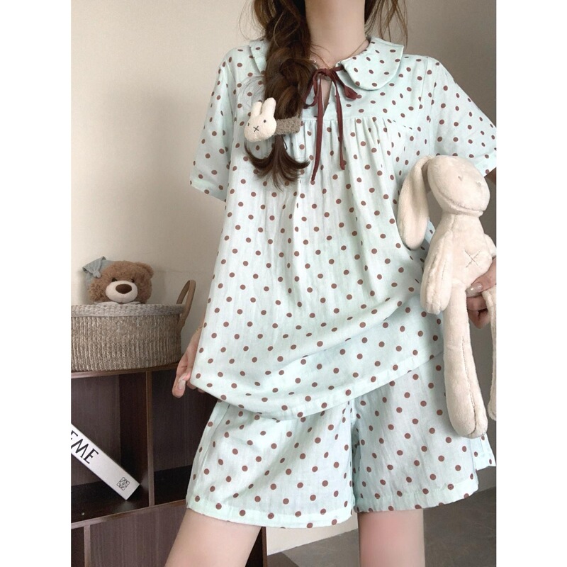 【140g Non-Transparent】Sweet Girl's Polka Dot Pajamas with Doll Collar and Nightcap, Women's Summer Homewear Set, Can Be Worn Outside