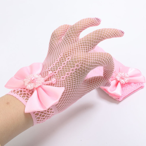 Children's princess dress mesh bow gloves stage performance wedding flower child pure white thin gloves wholesale