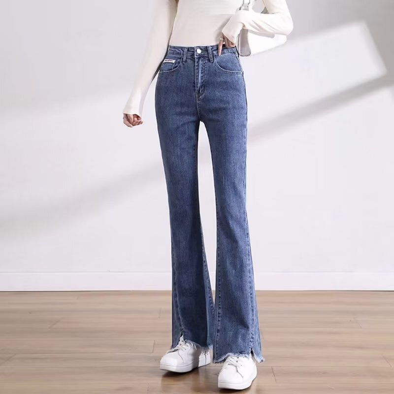 Split skinny jeans women's high waist Spring and Autumn 2023 new chic flared pants slimming draping mop pants