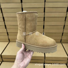 河南桑坡村经典款厚底雪地靴羊皮毛一体中筒靴增高保暖羊毛女靴子