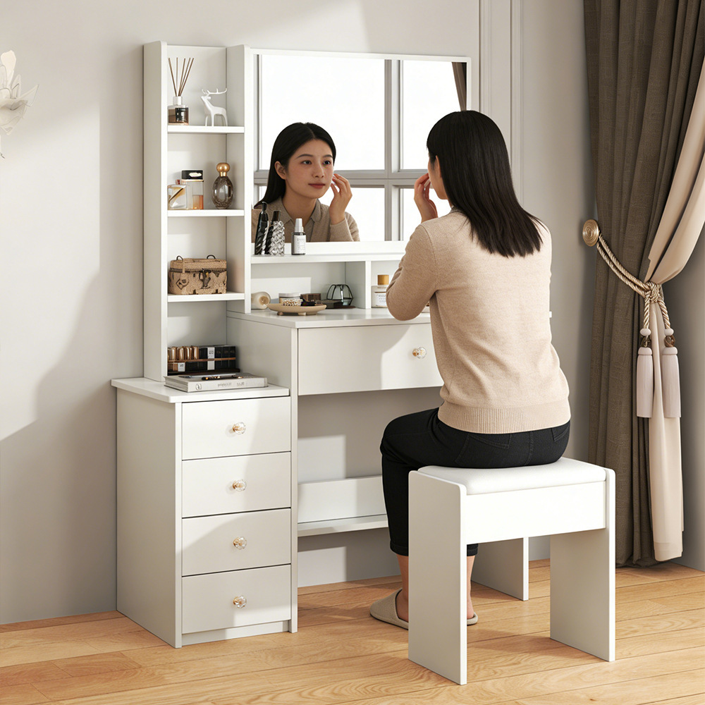 Comodador multifuncional con espejo lateral de cajón multicapa mesa de maquillaje de dormitorio tipo casa pequeña mesa de maquillaje de placa