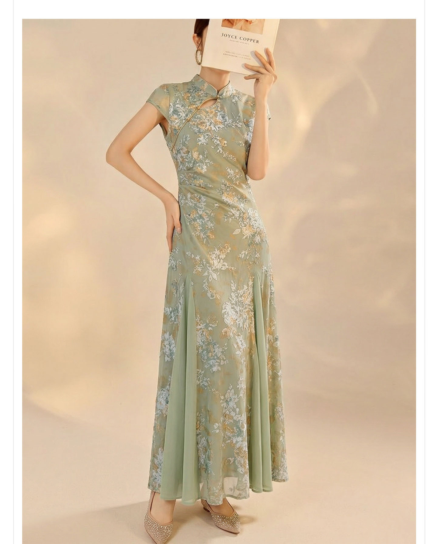 Váy sườn xám cổ đứng họa tiết jacquard chạm rỗng phong cách Tân Trung Hoa mùa hè — Xanh lá cây nhạtcolor chi tiết 9