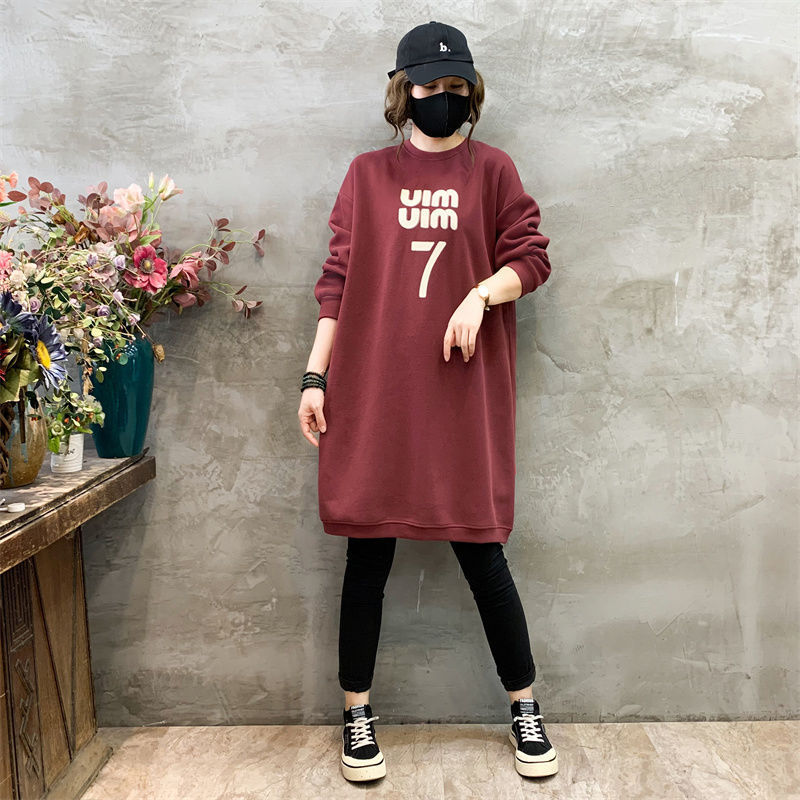 Oversize 300 Jin Knee Crewneck Sweatshirt Women's Spring and Autumn Mid-length Korean Style Loose Slim Base Long Sleeve Top