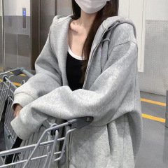 灰色连帽卫衣女春秋季2025新款早秋外套韩系慵懒风小个子开衫上衣