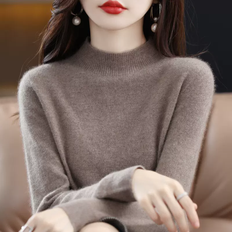 女装秋季新款羊毛衫女半高领 一线成衣款针织衫宽松毛衣 打底上衣