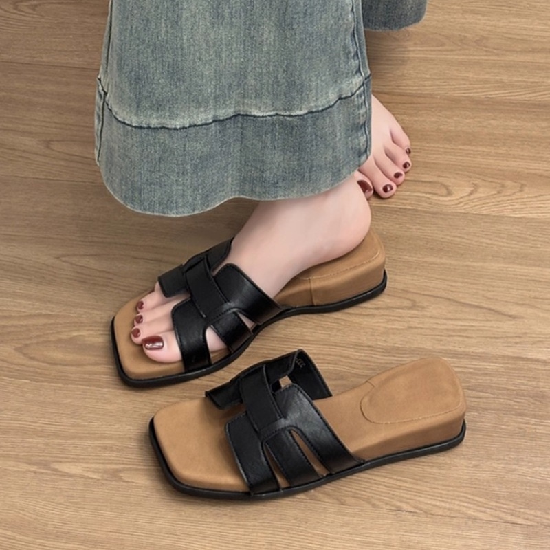 Cowhide Version! Wedge Thick-Soled For Women Summer Outdoor 2025 New French Style Elegant Sandals Square-Toed One-Strap_vogvips.com