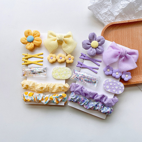 Korean style cute fabric flower children's hair clip set spring color bow bangs clip floral pleated hair tie
