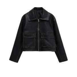 亚马逊欧美风2025秋季新款美式休闲时尚翻领口袋仿PU皮衣夹克外套