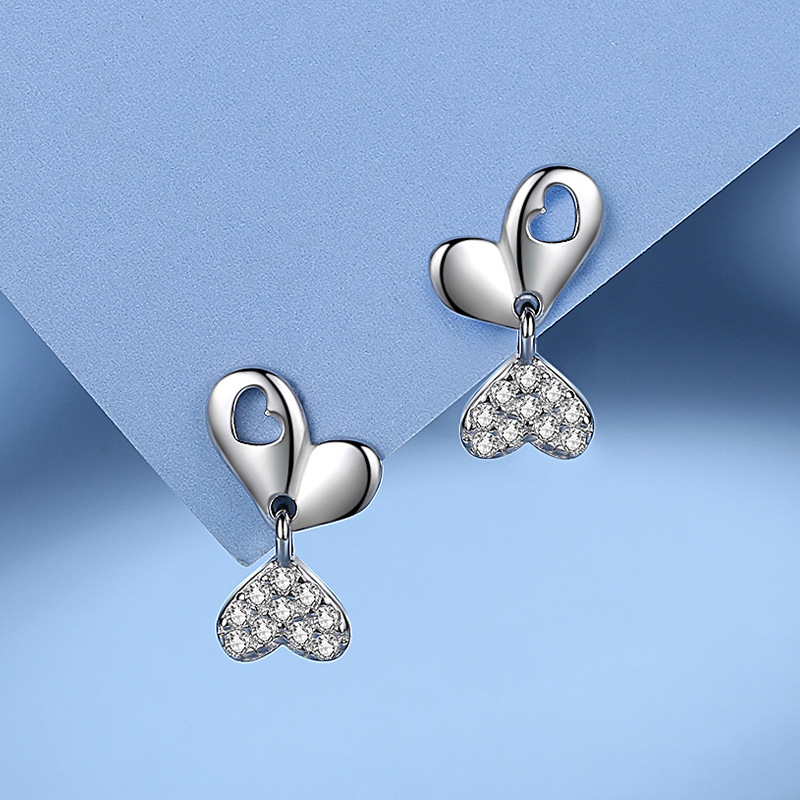 Pendientes creativos del perno prisionero del amor de las mujeres de la plata esterlina S925 estilo coreano diseño en forma de corazón doble Pendientes largos incrustados en diamantes Estilo rojo neto simple