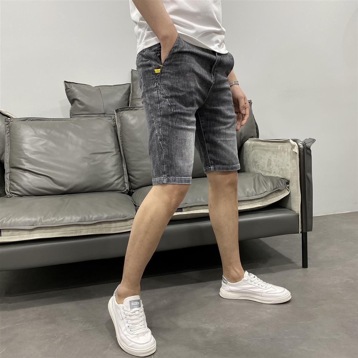 Short en jean délavé élastique Ash pour hommes, marque tendance d'été, mince, nouveau, polyvalent, coupe slim, populaire, version coréenne cinq_voghion.com