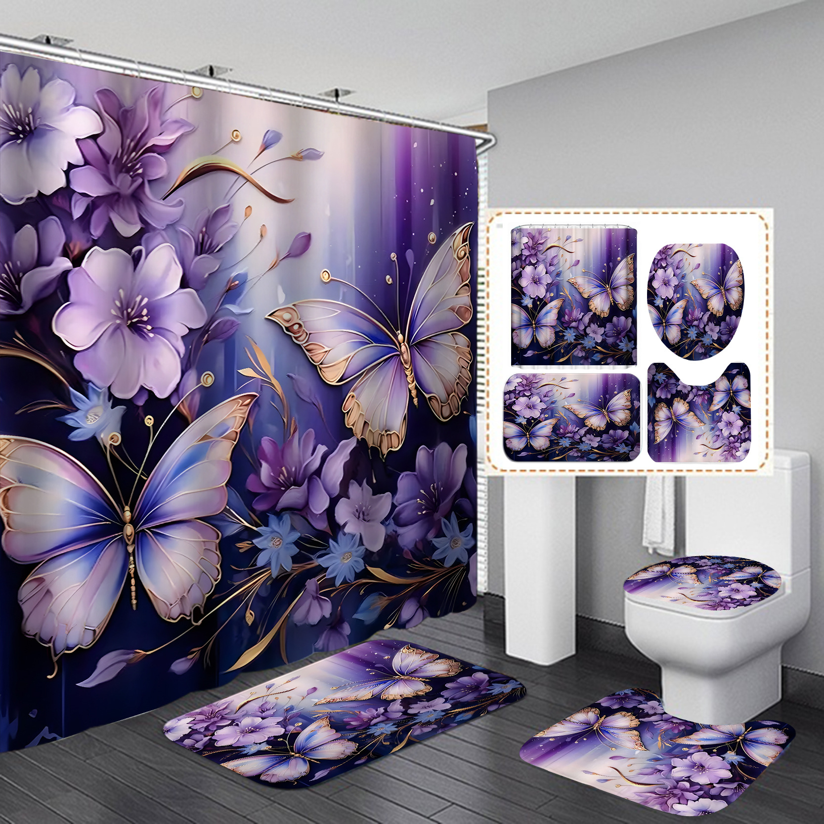 Flor de mariposa impresa cortina de baño a prueba de agua a prueba de moho nuevo tipo de tela retro sin perforación baño cortina de baño