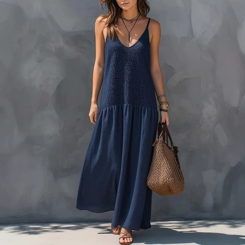 2026 New Vintage Bohemian Style Backless Ruched Design Spaghetti Strap Long Vacation Dress