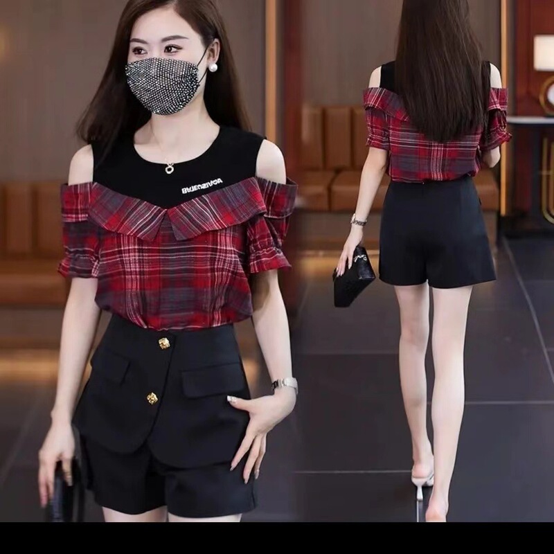 Off-Shoulder Short-Sleeve Chiffon Shirt for Women 2026 Summer Plaid Half-Sleeve T-Shirt for Women Fake Two-Piece Youthful Stylish Top Trendy