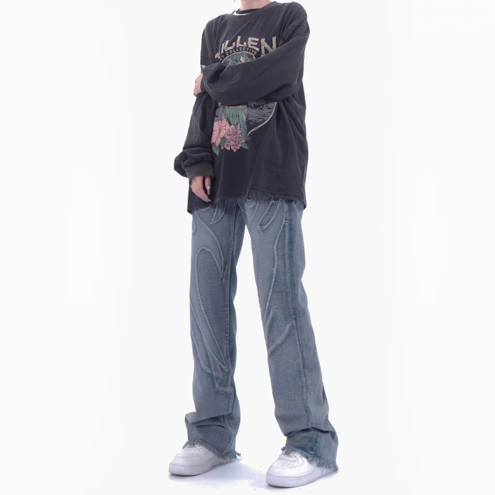 Американский уличный ретро вышивка вымытые джинсы мужские высокие уличные дизайнерские ощущения прямые, свободные подвески, брюки от имени волос