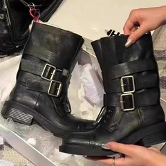 复古英伦风马丁靴女2025早秋新款粗跟皮带扣短靴机车靴百搭骑士靴