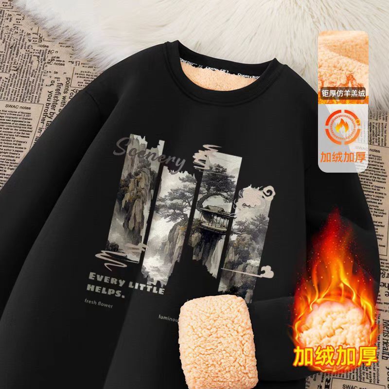 Lamb Fleece Sweatshirt Men's Winter 2025 New Style Chinese Style Landscape Ink Painting Fleece-Lined Thickeneded Warm Round Neck Pullover 1/2 Lamb Fleece Sweatshirt Men's Winter 2025 New Style Chinese Style Landscape Ink Painting Fleece-Lined Thickeneded Warm Round Neck Pullover 1/2