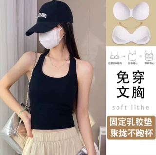 黑色小吊带背心女内搭打底带胸垫夏外穿美背文胸一体抹胸挂脖上衣