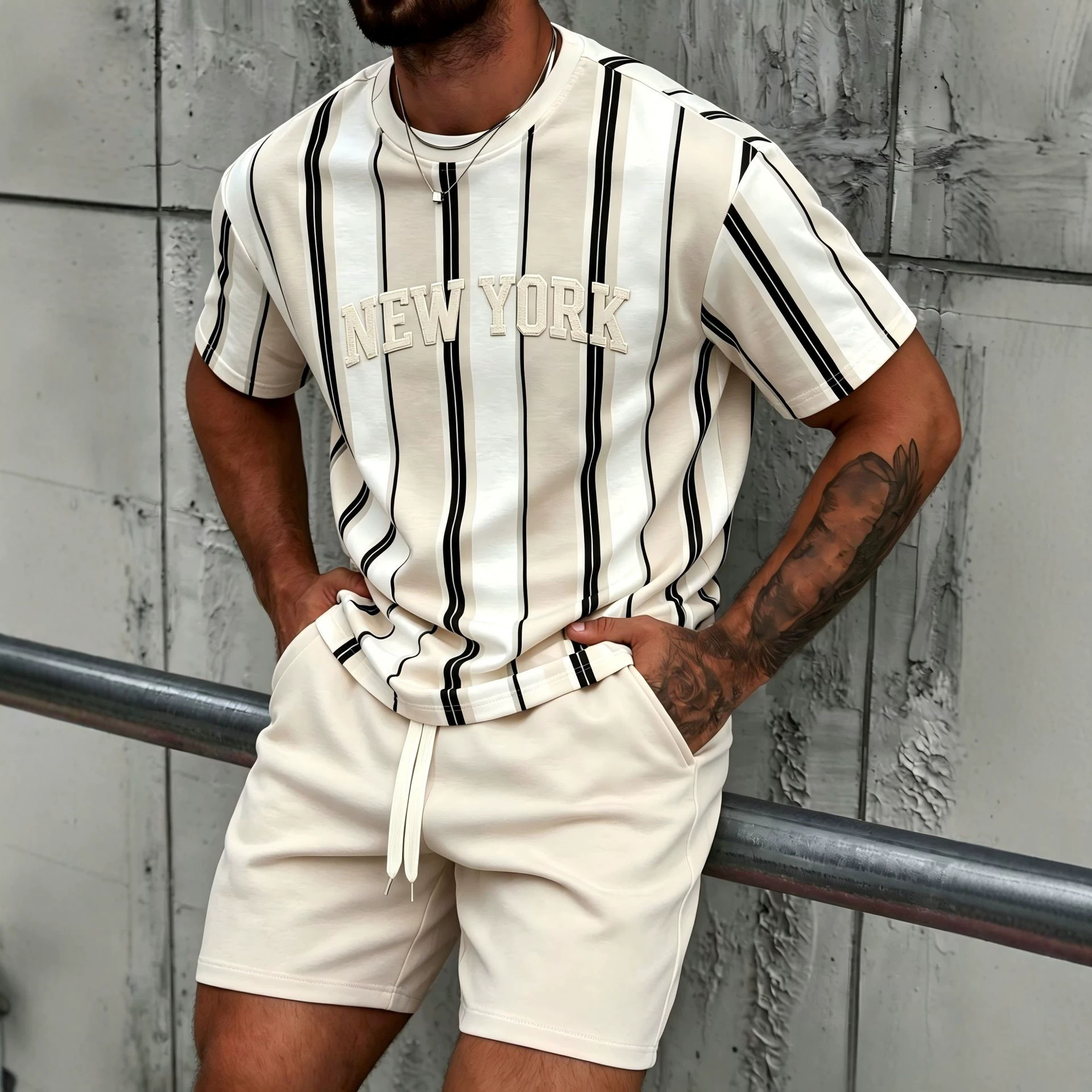 Men's Clothing Casual Set Letter Print 2 Piece Letter Graphic 2-Piece Summer Set | Casual Short Sleeve T-Shirt & Shorts Outfit For Daily Wear_viptrois.com