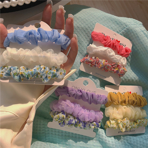 Pink and tender spring color ~ 3 pieces of floral hair tie combination small fresh blue pink hair rope hair accessories headband