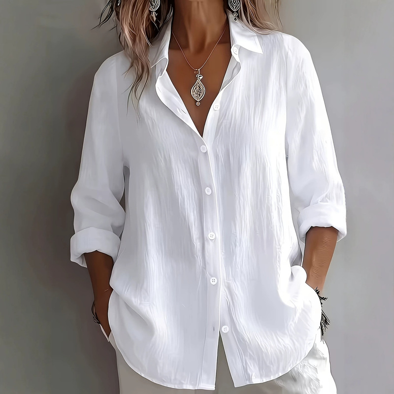 Cross-Border 2026 Spring and Autumn New Solid Color Casual Shirt European and American Style Elegant Long-Sleeve Button Cotton-Linen Shirt for Women