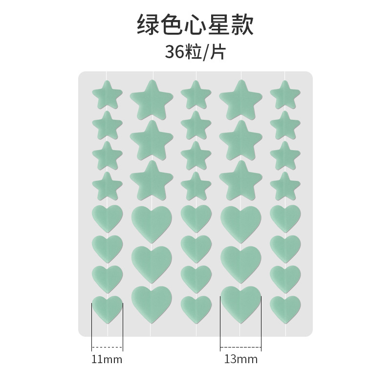 36 green hearts and five-pointed stars