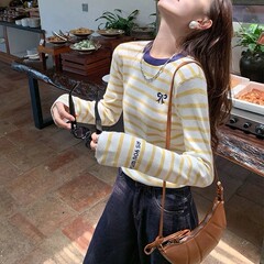 韩系黄色条纹长袖内搭针织衫女秋修身打底衫早秋流行上衣