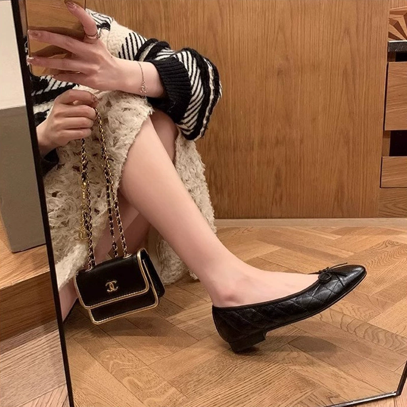 Обувь, классические балетки с бантом, стиль Chanel, натуральная кожа
