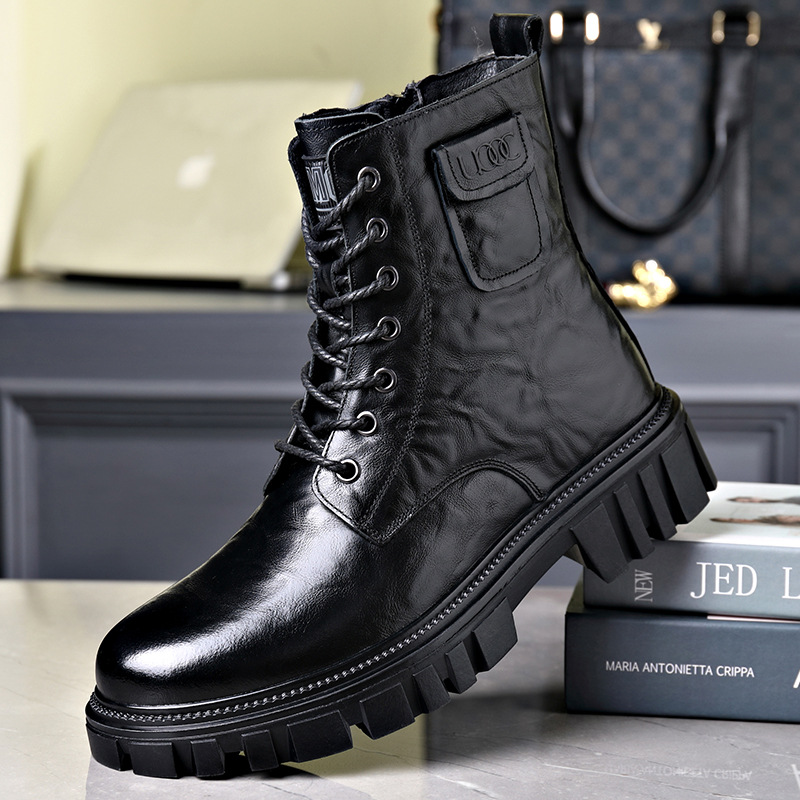 头层牛皮靴潮男工装马丁靴时尚男靴子系带厚底防滑加绒保暖男棉鞋